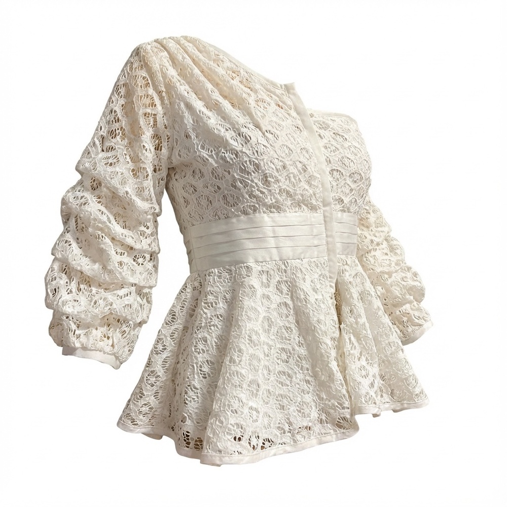 A363  HWA Apparel Romantic Core White Lace Peplum Top One-Shoulder Sleeve NWOT L - Picture 7 of 10